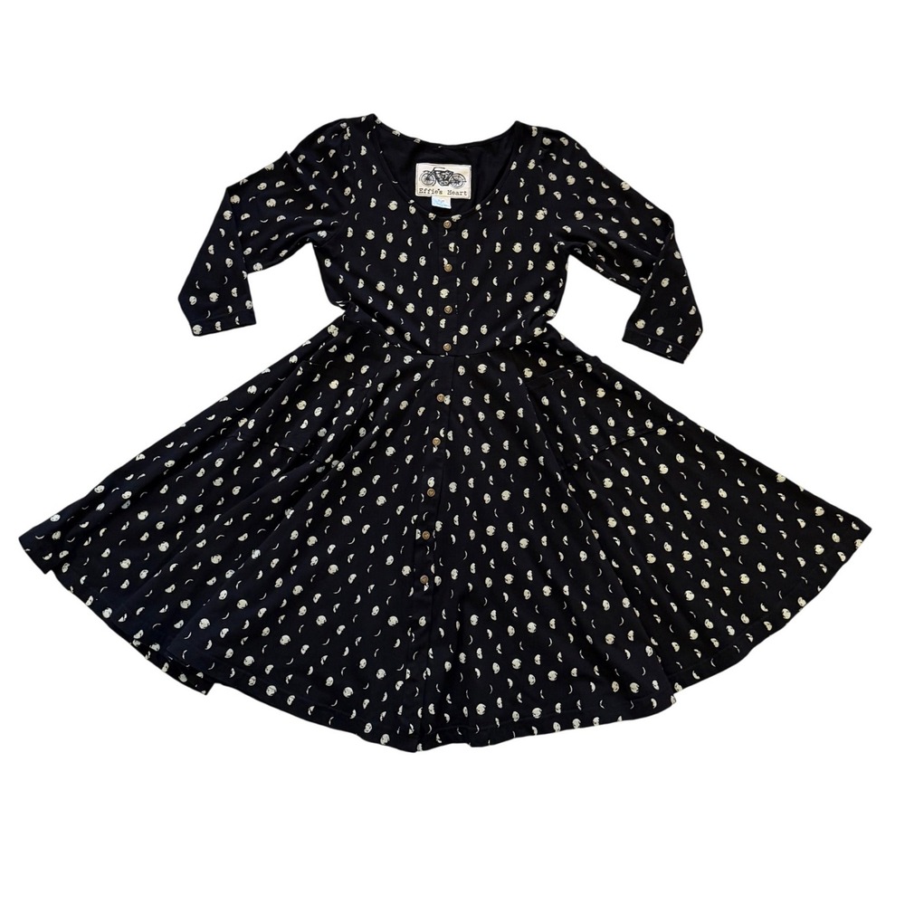 Effie's Heart Meadow Dress Mond Moon Phase Black Cotton Midi Pockets Size M